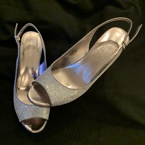 Nine West open-toe silver rhinestones heels